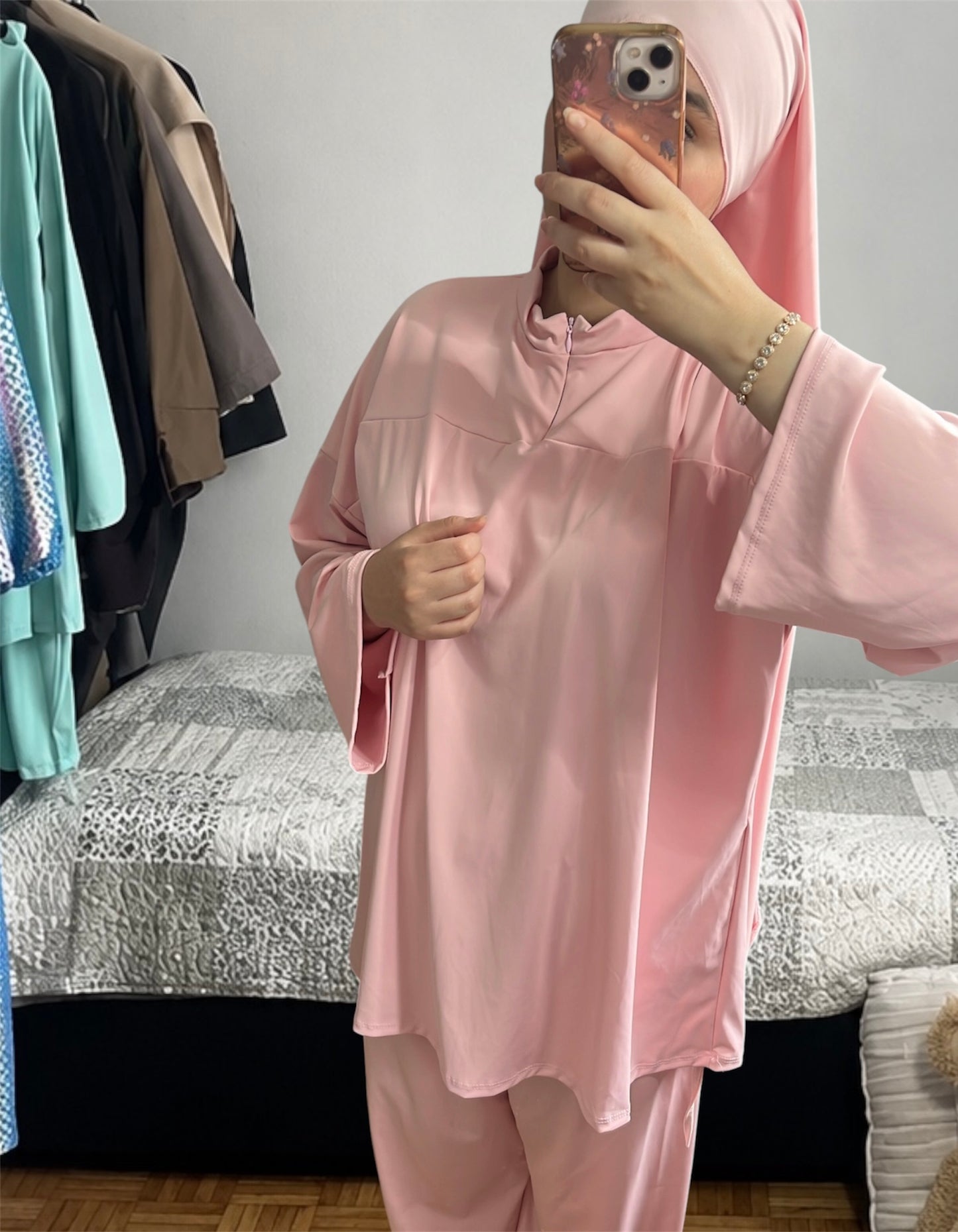 Burkini trois pièces avec zip rose