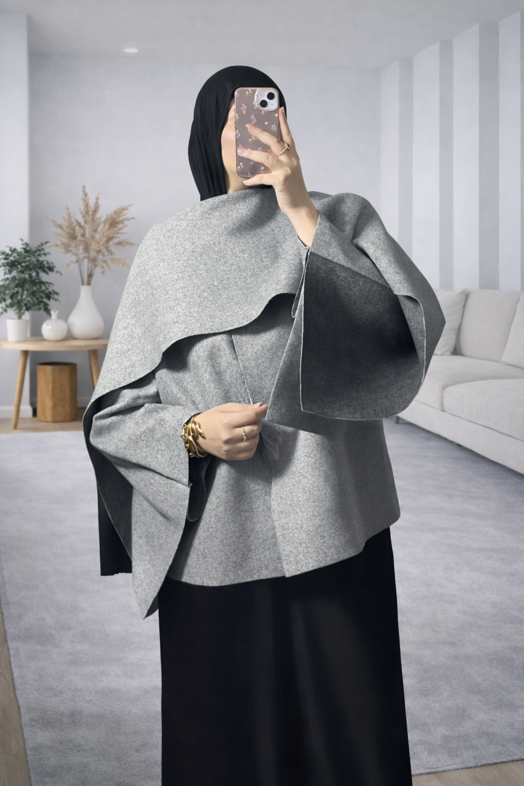 manteau avec écharpe intégrée gris